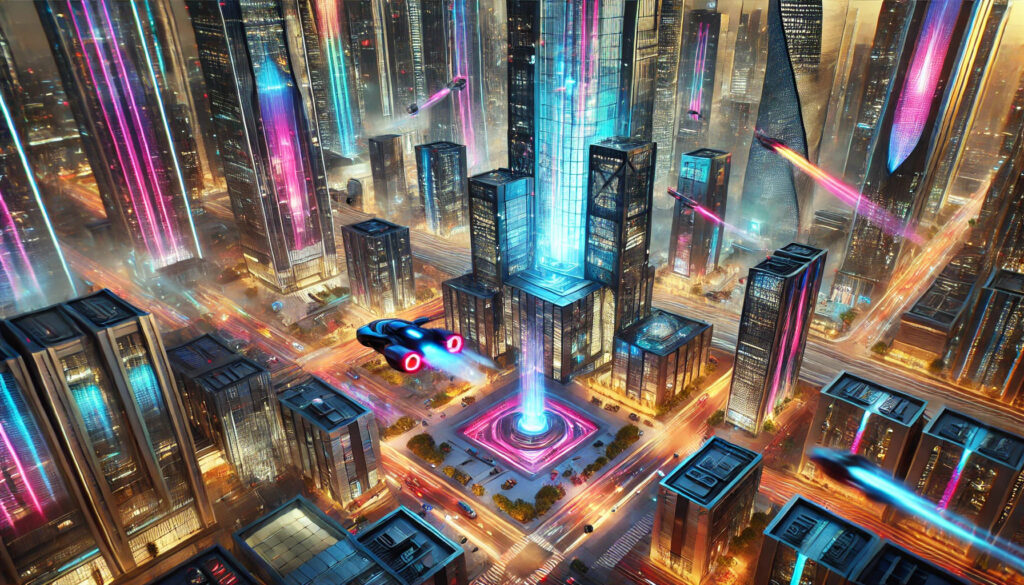 Futuristic cityscape with neon lights generated by AI - Paisaje de ciudad futurista con luces de neón generado por IA