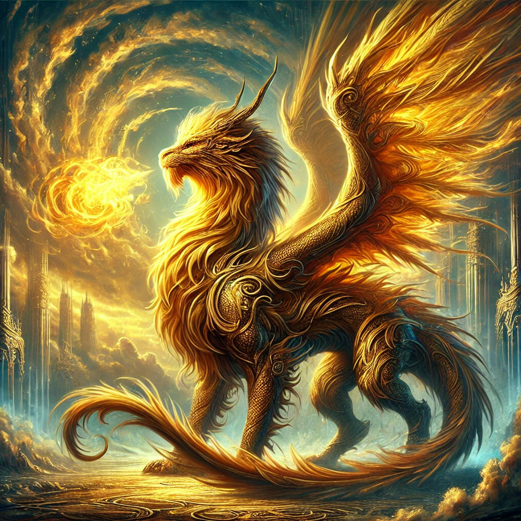 Majestic lion-like dragon created with AI - Dragón majestuoso tipo león creado con IA